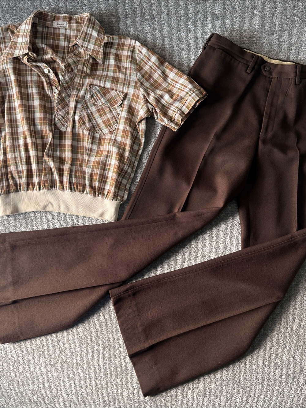 Vintage Italian Women's Pant & Crop Shirt Matching Set Brown/Cream Size 32